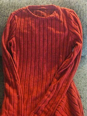 Rust Red Ribbed Knit Dress – Soft Long Sleeve Cozy Fit
